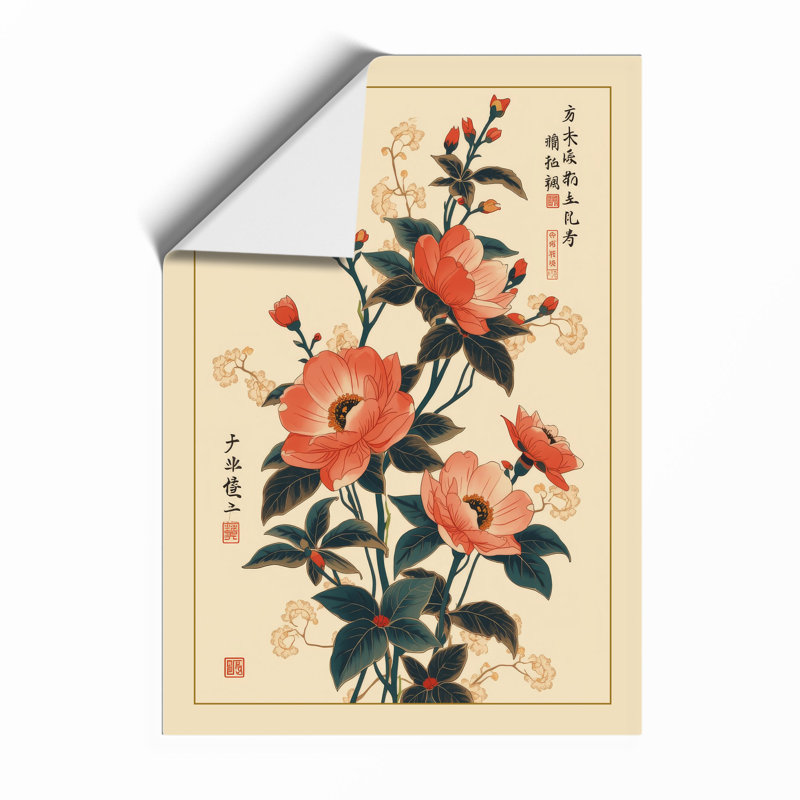 Peonies In Red And Gold Japandi - Print, Unframed, A2 - 59.4 x 42.0 cm
