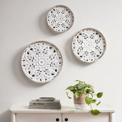 Wood Wall Decor - 3 Pieces, Distressed White Floral Medallion, Natural Frame, 13.75", 11.75", 9.75" , Indoor Hanging, Vintage Inspired, Sawtooth Hanger 3 , Natural+White, Indoor, Classic Appeal,