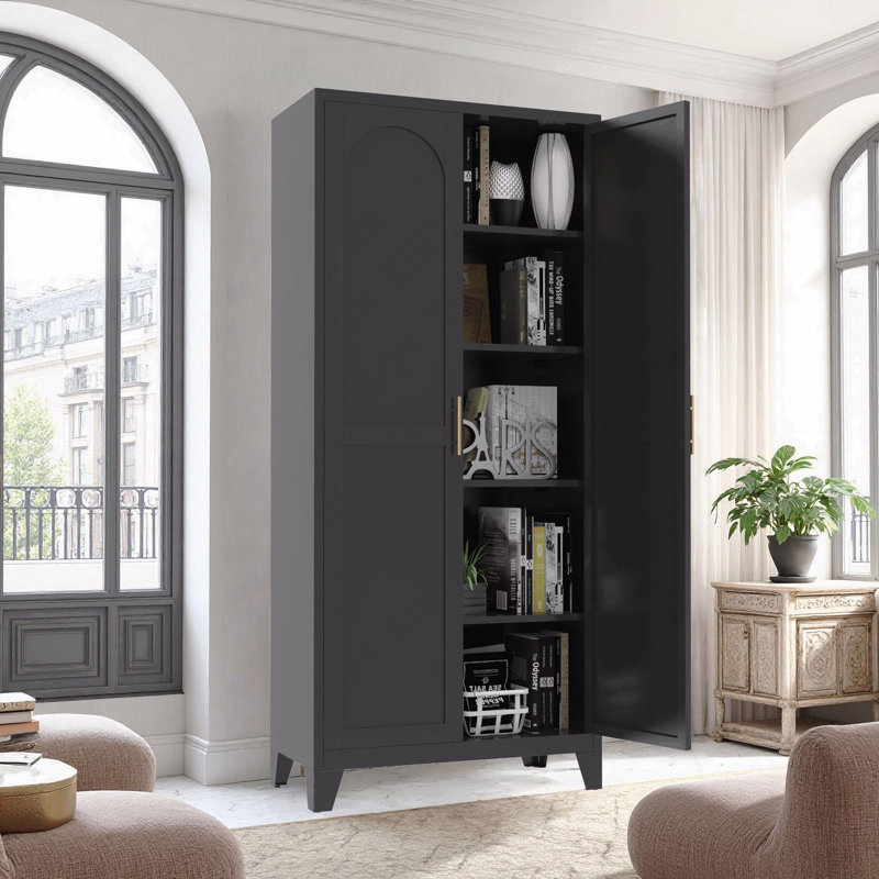 71" Metal Storage Cabinet With Adjustable Shelves - 2 Shapely Doors, Black
