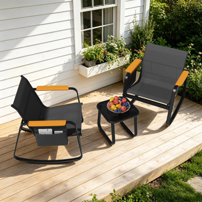  3-Piece Outdoor Textilene Bistro Set, 2 Rocking Chairs with Side Storage Pockets, Tempered Glass Coffee Table, All Weather Rustproof Metal Frame, Patio Conversation Furniture for Balcony Poolside, Black