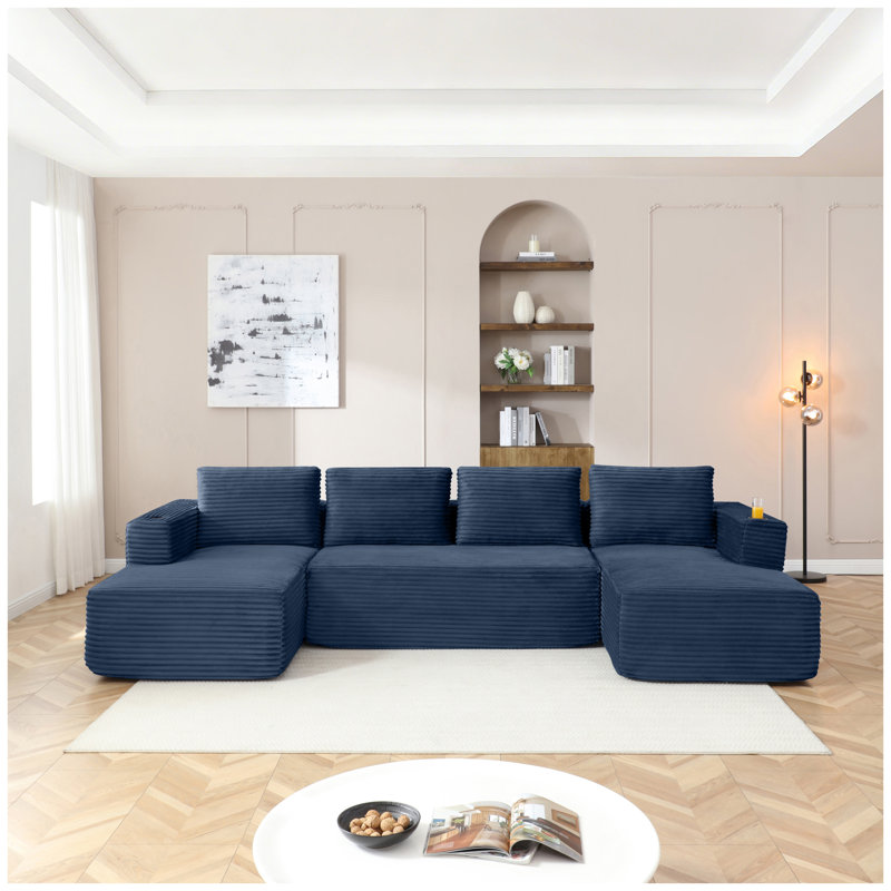Grand canapé modulaire en forme de U sans dossier de 132 po avec méridienne, siège modulaire en U en velours côtelé de 132 po avec siège profond, canapé confortable avec porte-gobelets et poche latérale, sans assemblage requis - bleu