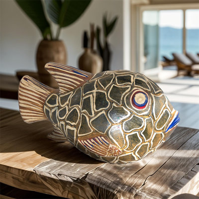 Yellow and Natural Clay Fish Sculpture