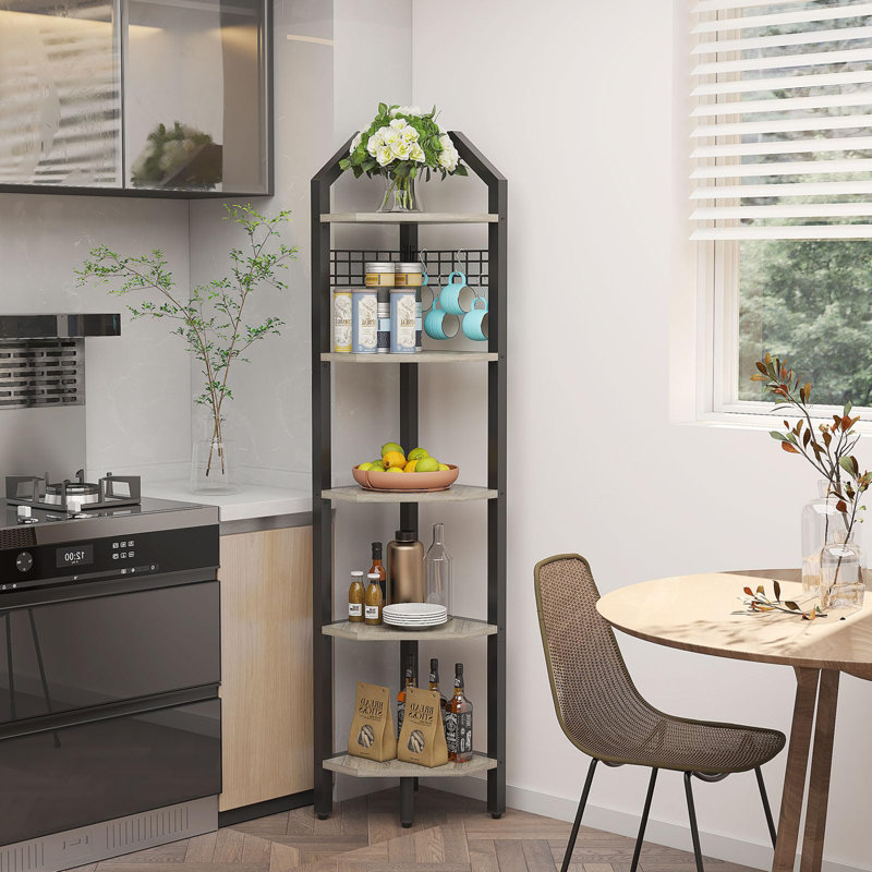 Montfort 176cm H x 28.5cm W Iron Corner Bookcase, Grey