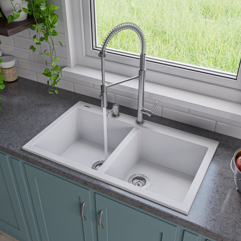 34'' L Double Bowl Granite Kitchen Sink, White