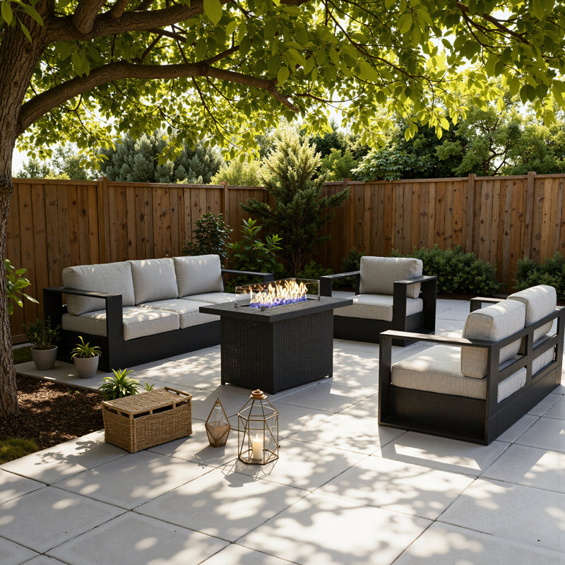 Modern Outdoor Aluminum 5-piece Conversation Set With Firepit Table, Grey Cushion/Black Frame