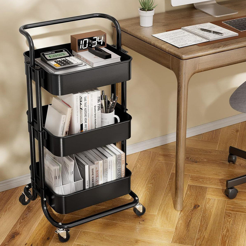 Black Metal 3-Tier Rolling Utility Cart with Wood Tabletop
