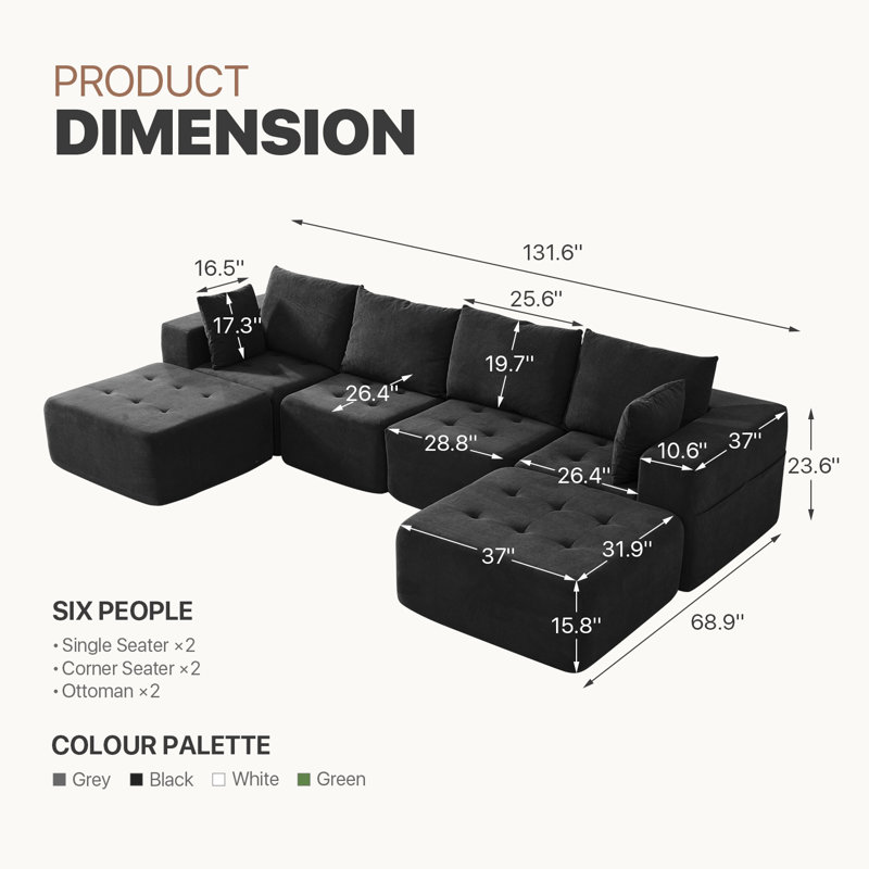 Canapé modulaire en forme de U de 131,5 po avec 2 repose-pieds en chenille désossée en forme de U et 2 repose-pieds profond, combinaison de module pour le salon 6 places