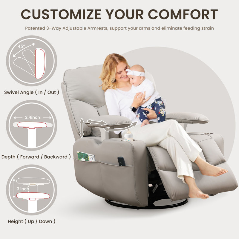 Modern Faux Leather Upholstered Recliner Chair, 270-Degree Swivel Rocker Recliner With Adjustable Armrest &Cup Holders For Nursing, And Living Room Relaxation, Gray