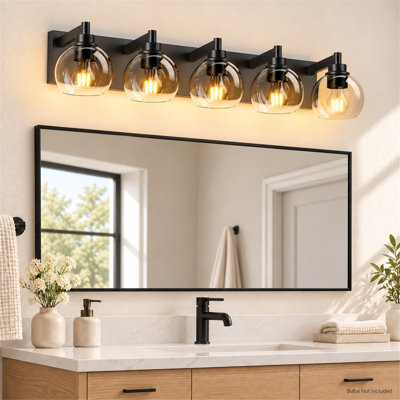 Applique murale à 5 lumières, noir mat, avec abat-jour en verre transparent
