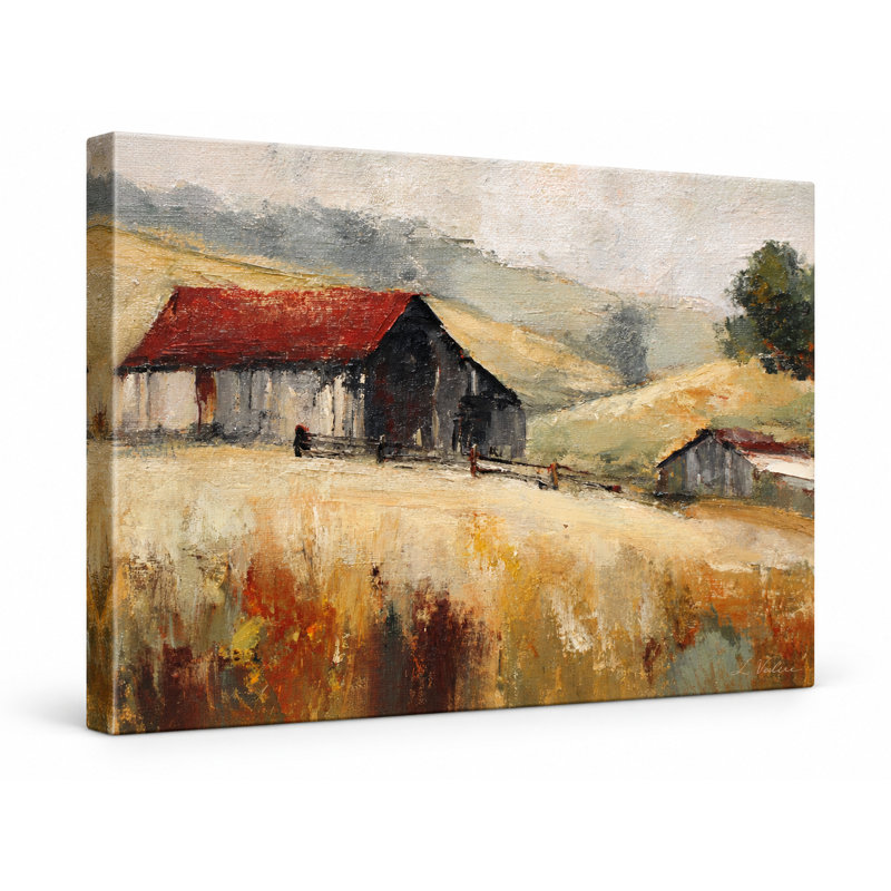 Tableau sur toile tendue représentant une grange au toit rouge dans des champs moissonnés, 24" H x 36" W x 1.5" D