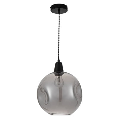 Millfield Modern Smoky Dimple Glass Pendant Light - Matt Black Base, Black Twisted power cord, 25x25x100cm, 1xE27 (Bulb not included)