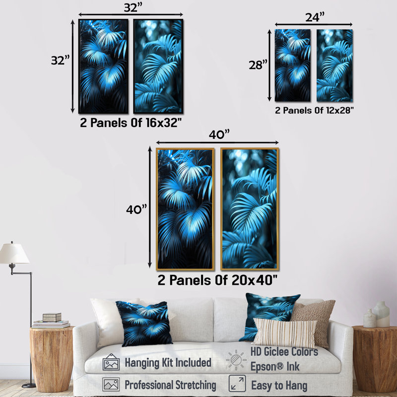 «Blue Palm Trees» Natures Nuance I - Ensemble de 2 palmiers et palmiers, H 28 po x l 24 po, Impression encadrée, Blanc