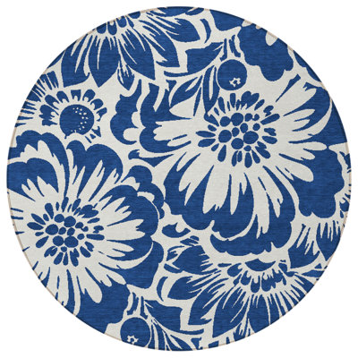 Tapis d'intérieur rond antidérapant rond 8 pi bleu marine et ivoire