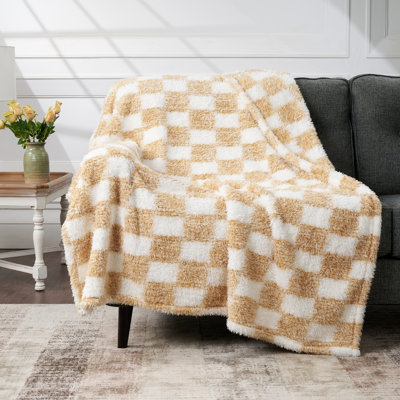 CBCHome Checkered Furry Chenille Throw Blanket - Soft, Plush, Fluffy Sofa and Bed Throw, Teens - All Season Home Décor (Amber Gold, 50"x60")