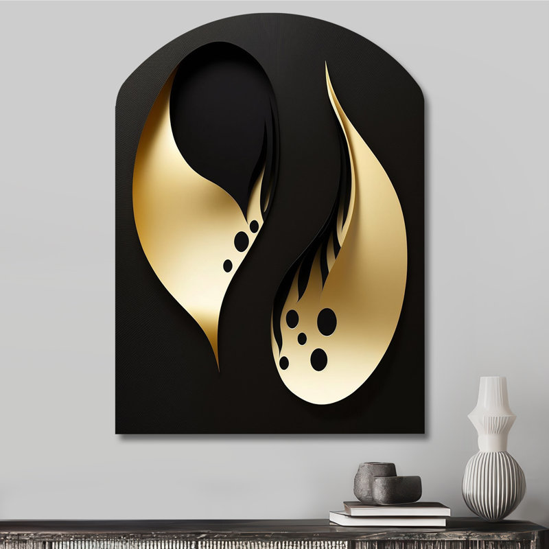 Gouttelettes dorées sur fond noir - art mural moderne en forme d'arche géométrique, H 34 po x l 25 po