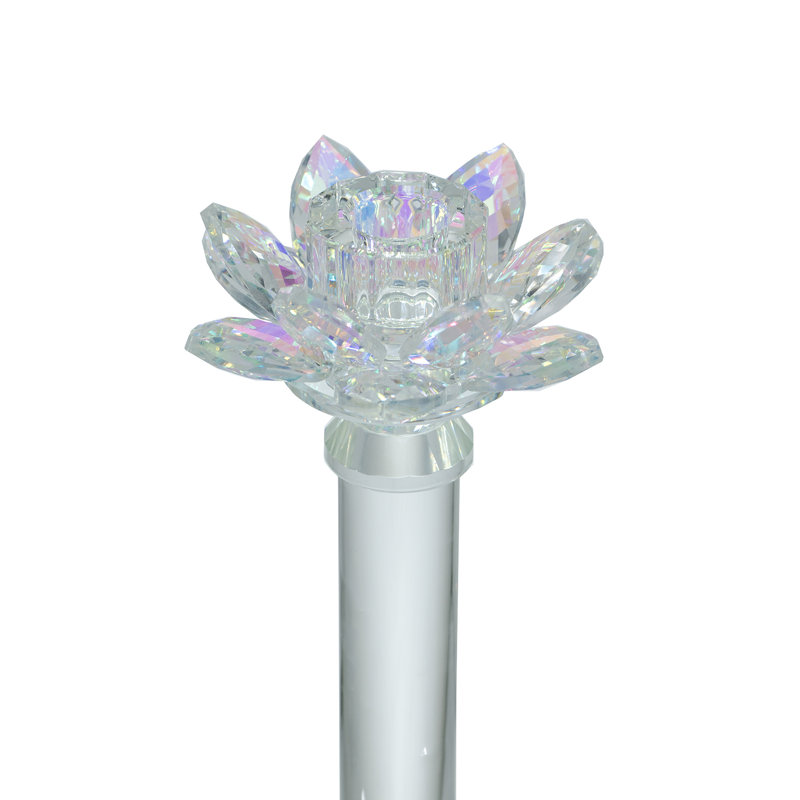 D4.5X9" Clear Glass Lotus Flower Taper Candle Holder With Shimmering Iridescent Finish, 9.1" H x 4.3" W x 4.3" D