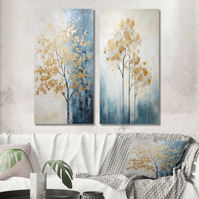 Or doré et arbres bleus - ensemble d'art mural en métal 2 arbres