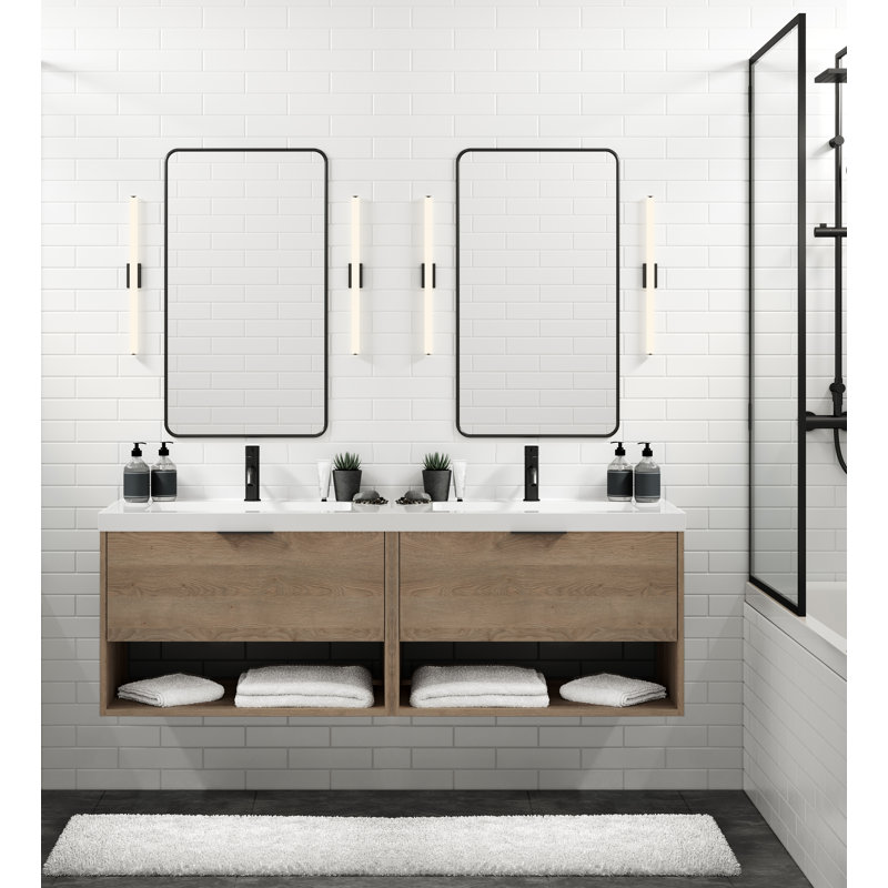 Modo 60" W Wall Mounted Double Bathroom Vanity, Matte White/8" Widespread, Matte Black, White Acrylic