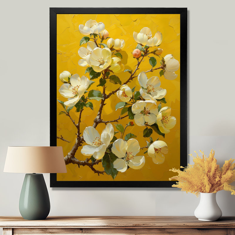  «Yellow Apple Blossom Blooming Beauty», reproduction d'art murale, Cadre simple noir, H 16 po x l 32 po