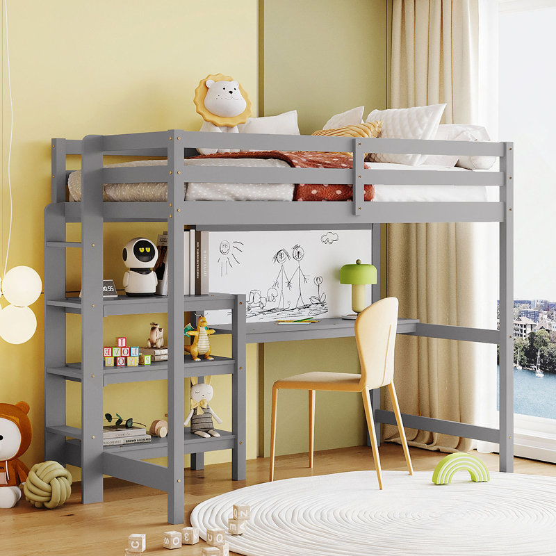 Lit mezzanine en bois avec tablette et plateau d'écriture, Gris