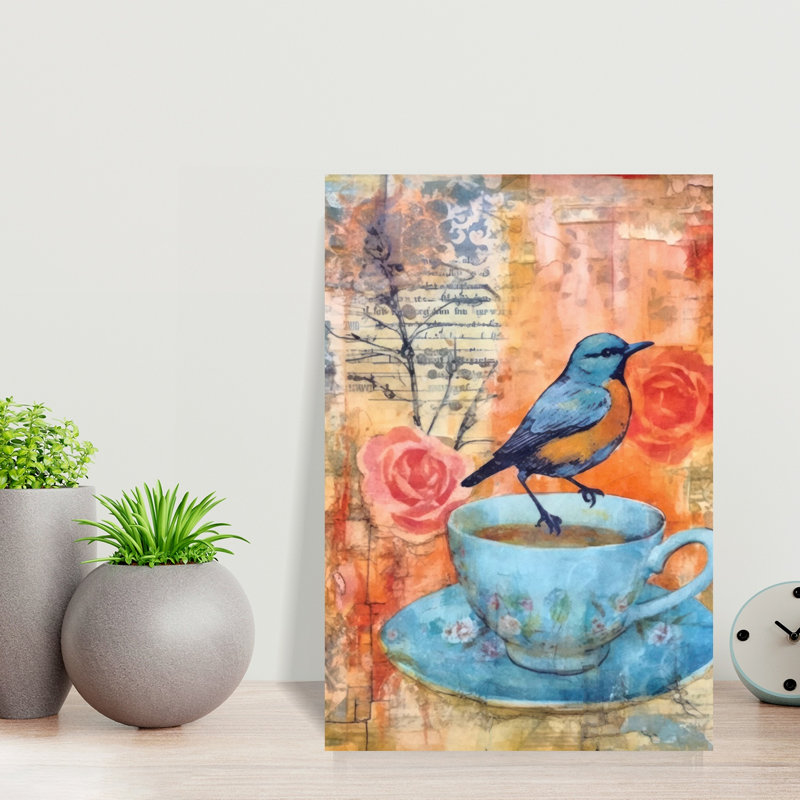 Pause-café avec oiseaux et fleurs - Affiche murale contemporaine, H 18 po x l 12 po