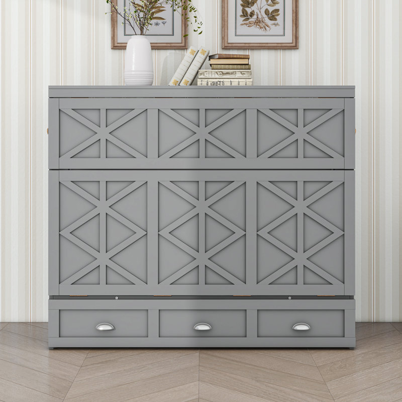 Lit escamotable double avec tiroirs de rangement et prises USB et prises intégrées, Gris brossé