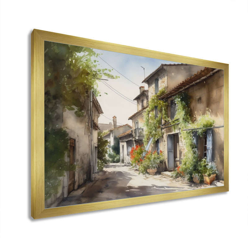 Riba, village méditerranéen, rue Ix sur toile, H 30 po x l 40 po x P 1,5 po, Encadrement doré