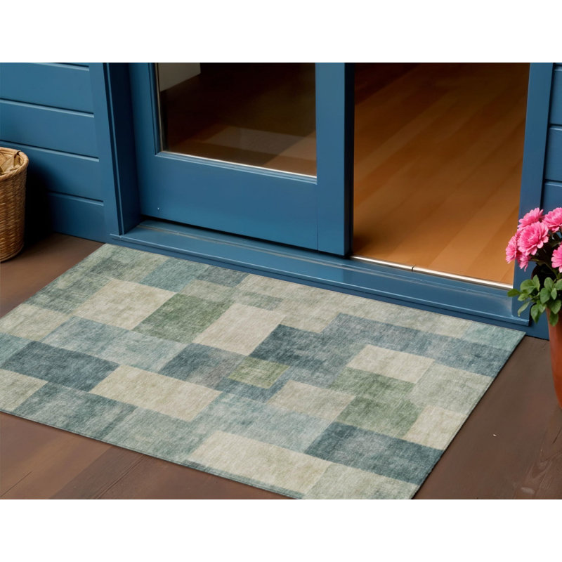 3' X 5' Blue Geometric Washable Indoor Outdoor Area Rug
