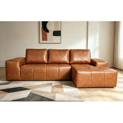 Canapés sans structure pour salon, canapés d'angle Cloud en similicuir brun avec méridienne, canapé modulable en forme de L à assise profonde, canapés livrés en boîte, aucun assemblage requis