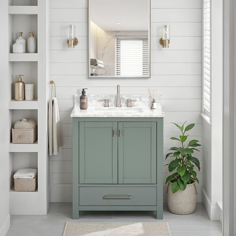 Meuble-lavabo simple 30 po avec plateau Souther, Marbre blanc de Carrare, Nickel brossé, Vert fumée