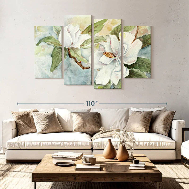 Branche de magnolia Harnek, aquarelle blanche, H 54 po x l 84 po