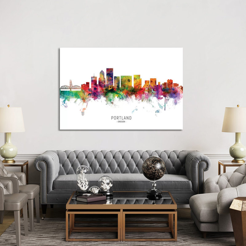 «Portland Oregon Skyline» par Michael Tompsett - peinture sur toile tendue, H 40 po x l 60 po x 1,5 po