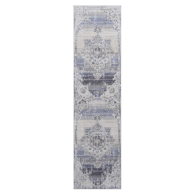 Cream/Blue/Inlaid Non Linting Stain Resistant Area Rugs, Runner 2'2" x 8'