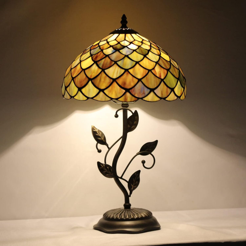 Tiffany Lamp Fish Scales Style Stained Glass Table Lamp Desk Bedside Reading Light 12X12X19 Inches with Metal Leaf Base Decor Bedroom Living Room