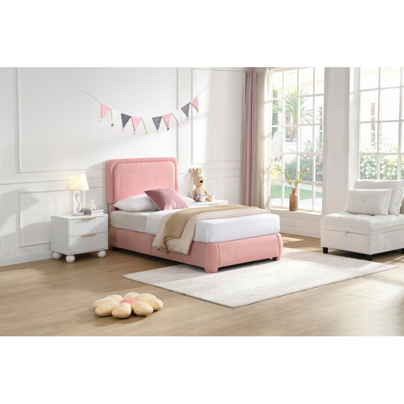 Twin Upholstered Cloud Bed Frame with Adjustable Boucle Fabric Headboard, Wood Slat, Low Profile, Twin, Pink