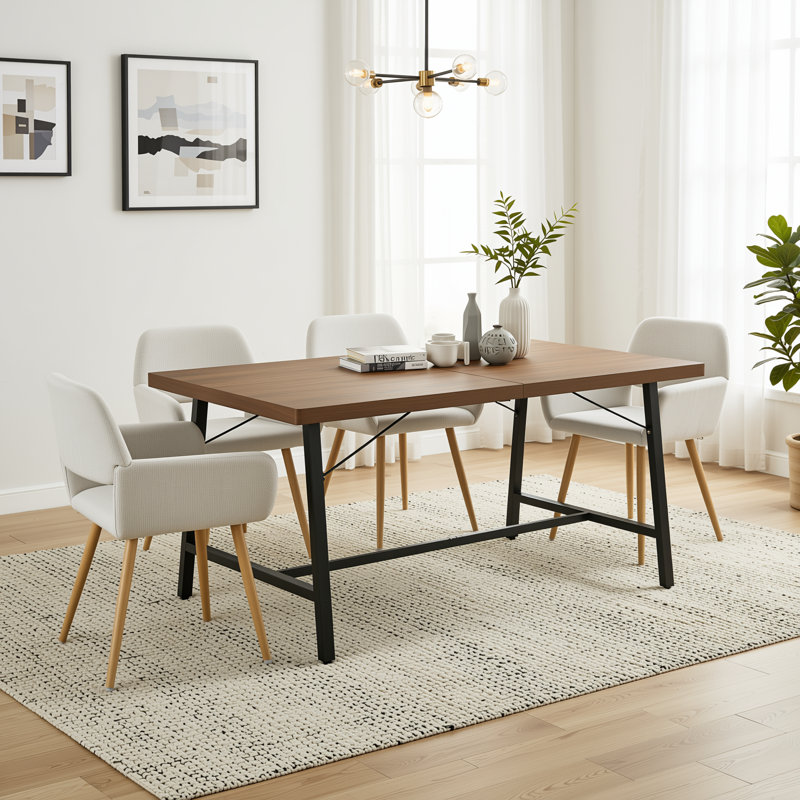 5-Piece Rectangular Wood-Look Dining Table Set With 4 Upholstered Arm Chairs, Beige, 5 Pieces: Table, 4 Chairs