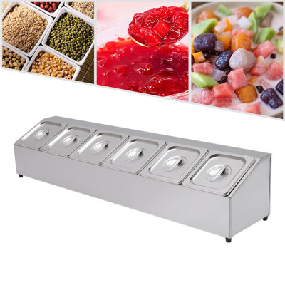 6-Pan Stainless Steel Condiment Rack 40.94 in Countertop Food Prep Station with Lids for Kitchen Buffet Restaurant