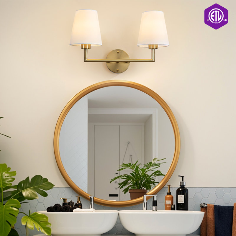2 - Lights Brass Armed Wall Sconce With Linen Lamp Shades For Bathroom Vanity Hallway Stairway Living Room, Brass, 2