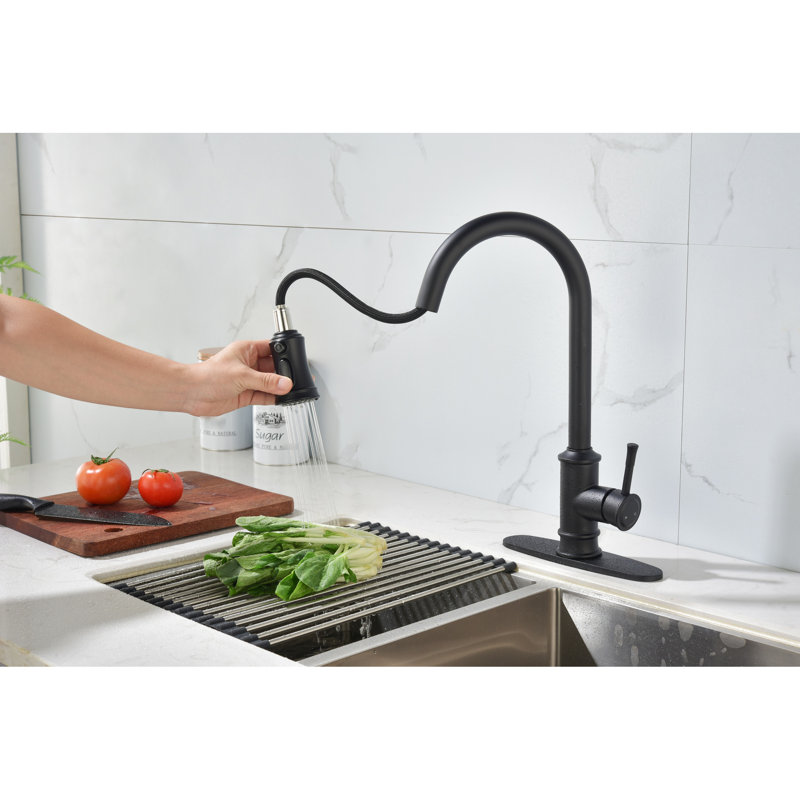 Robinet d'évier de cuisine en acier inoxydable noir mat avec poignée coulissante et poignée simple