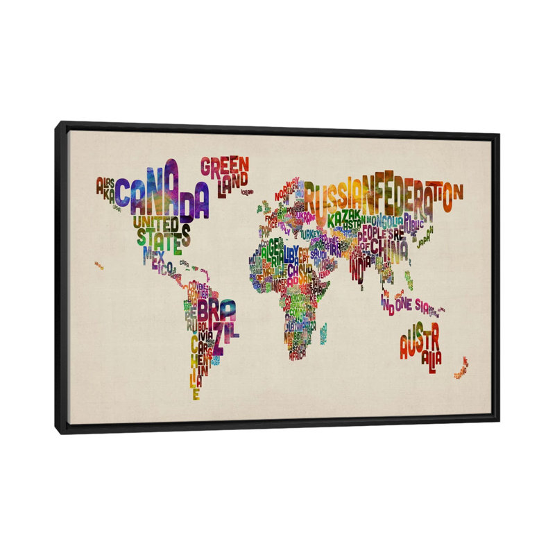 Texte typographique, carte du monde, Michael Tompsett, reproduction d'art graphique sur toile, Toile avec cadre flottant noir