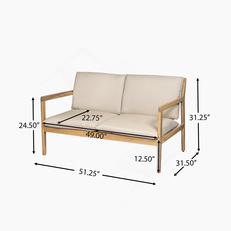 Causeuse d'extérieur en bois d'acacia avec table basse, structure en teck clair, coussin beige