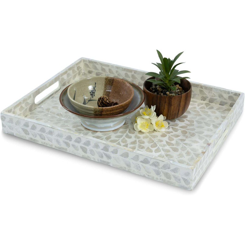 Serving Tray 15.7" X11.8", Lacquer Mother Of Pearl Inlay Mosaic Tray, Rectangle Wooden Marble Tray With Handles Trays For Tea, Breakfast In Bed, Table