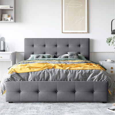 Upholstered Platform Bed Queen, Dark Gray With 4 Drawer Storage And Classic Headboard, No Box Spring, Linen, Wood Frame In Drawers, Queen Size. Spring Needed. Robust Particle Board Construction.