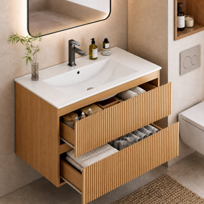 Meuble-lavabo suspendu naturel de 76 cm avec lavabo en céramique, meuble-lavabo mural moderne cannelé avec 2 tiroirs à fermeture en douceur pour salle de bain
