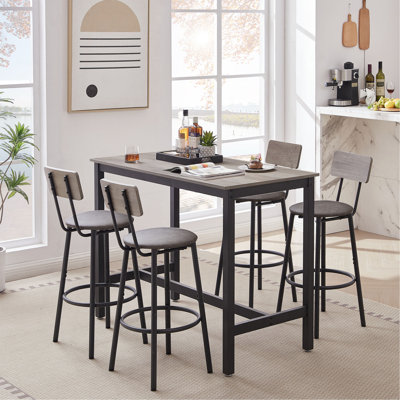 Ensemble de table de bar avec 4 tabourets de bar en polyuréthane avec dossier, gris, l 47,24 po x l 23,62 po x H 35,43 po