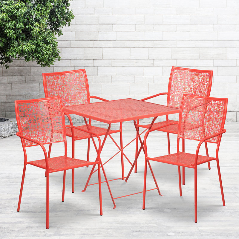 Raiden 28'' Square Indoor-Outdoor Folding Patio Table Set with 4 Square Back Chairs, Coral