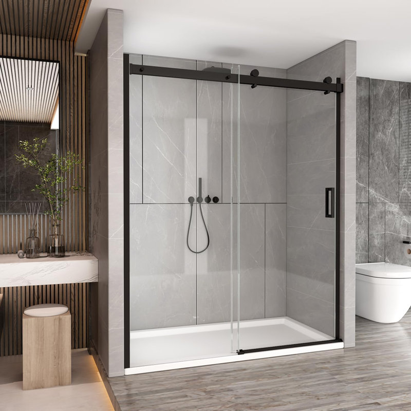 Porte de douche coulissante simple sans cadre ivoire l 48 po x H 76 po, Noir, noir, noir, noir