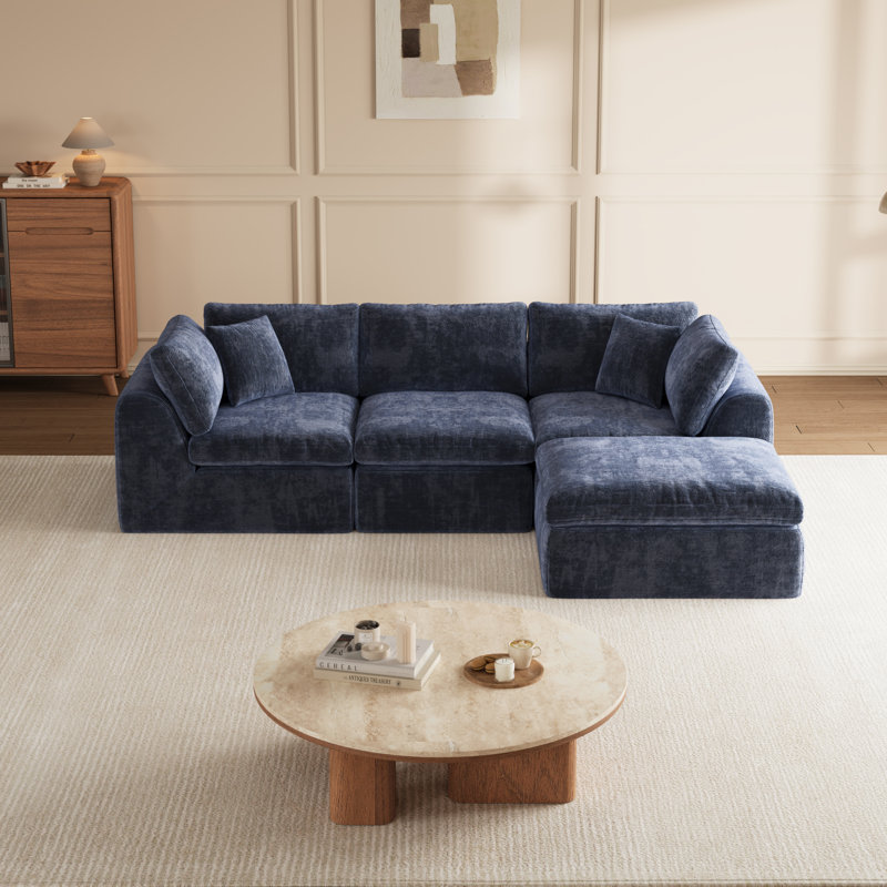Canapé d'angle modulaire sans os de 279 cm de large avec pouf, canapé d'angle en forme de L 4 places, revêtement capitonné, aucun assemblage requis
