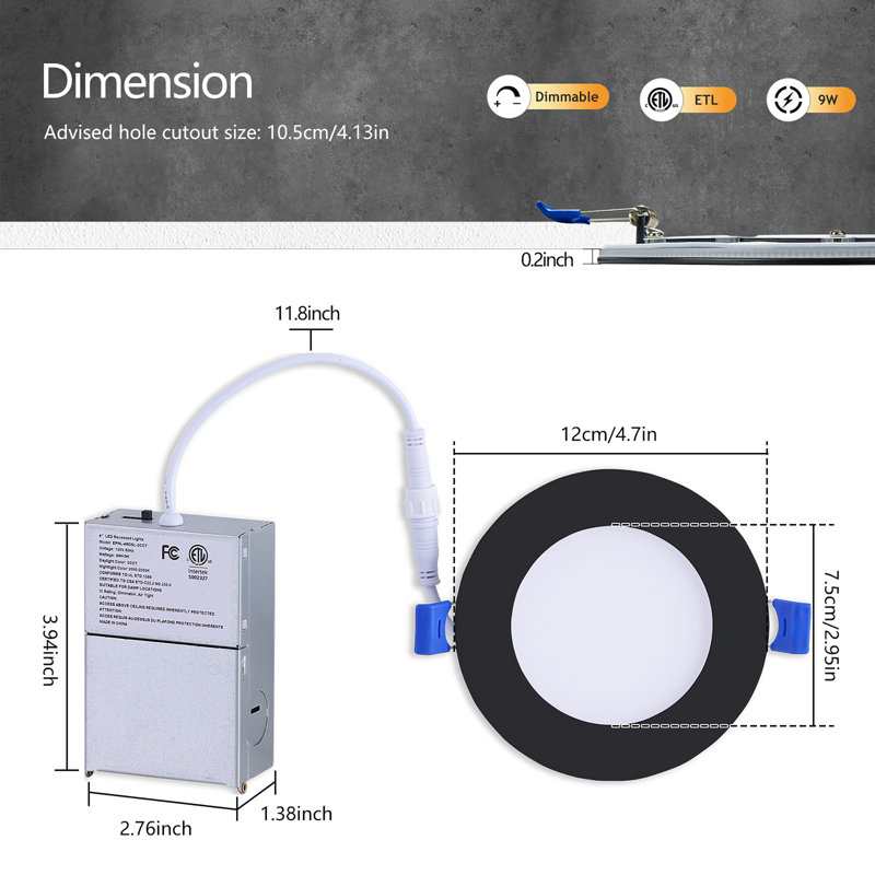 Éclairage encastré 4 po avec veilleuse, à intensité variable, 5 CCT, wafer mince, 9 watts, paquet de 12, Noir