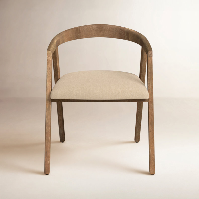Fitzpatrick Mid-Century Oak Wood Upholstered Dining Armchair, Natural Oatmeal Beige, Natural